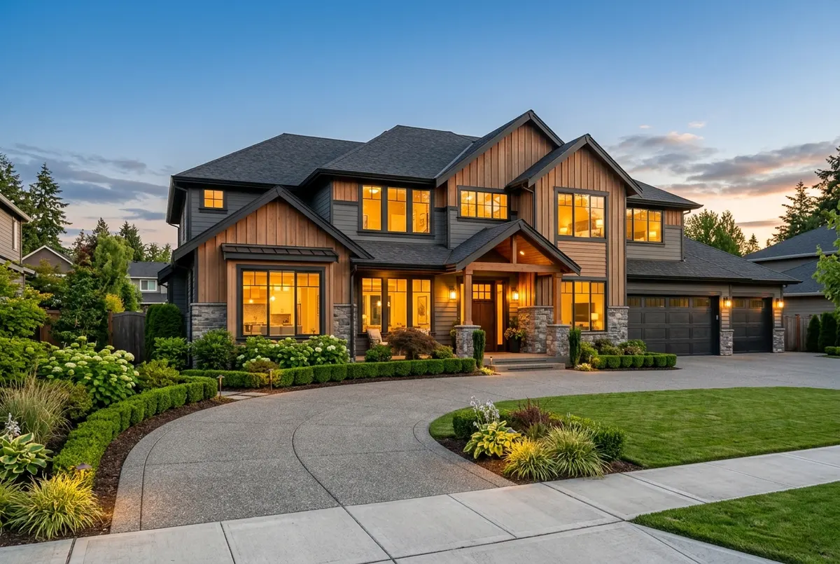 Modern two-story family home at golden hour